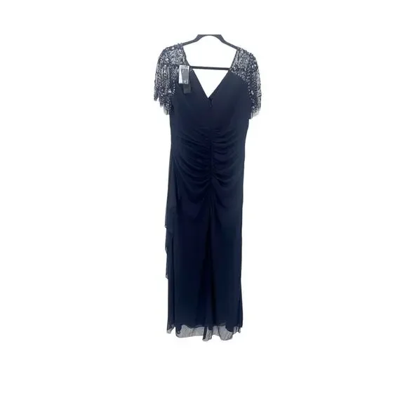 Xscape Short Beaded Sheer Flutter Sleeve Cascading Draped Waist Beaded Gown 12